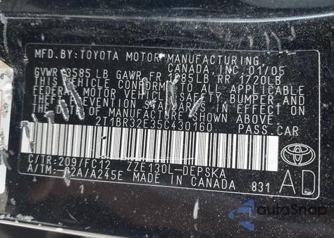 2005 Toyota Corolla Ce из США, поврежденный, VIN 2T1BR32E35C430160